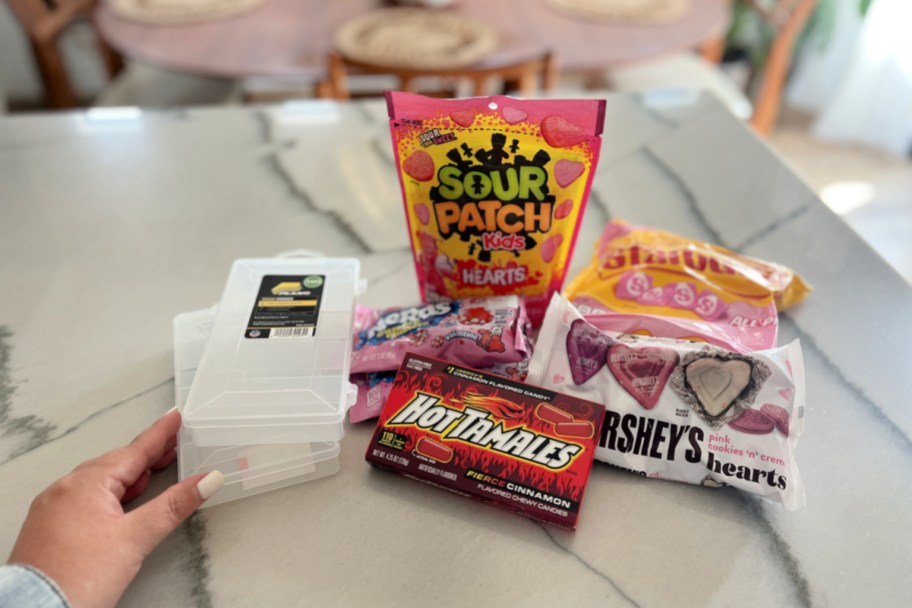 supplies on the counter for valentines day snack box