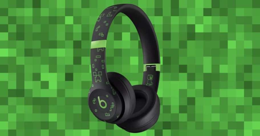 Beats Solo 4 Bluetooth Wireless On-Ear Minecraft Headphones against minecraft background