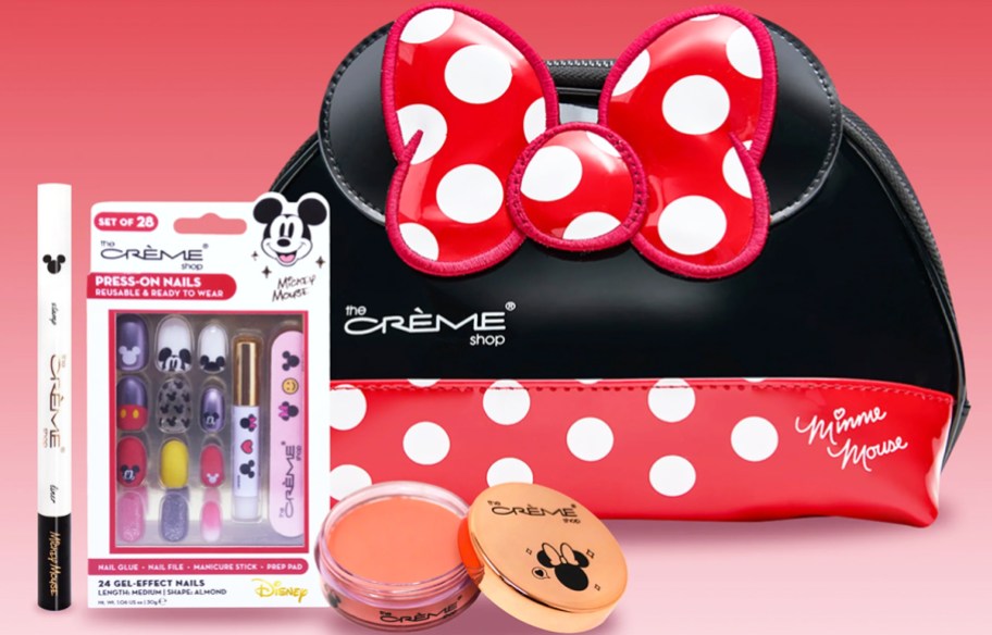 minnie mouse makeup bag with cream blush, freckle pen, and press-on nails set