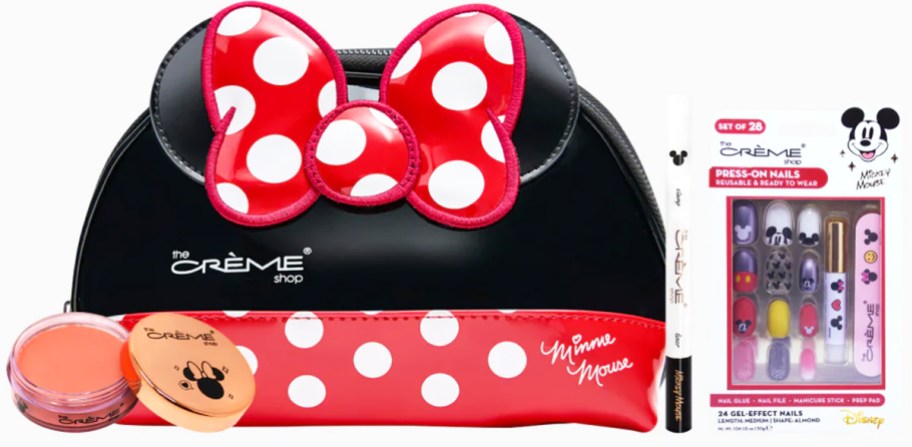 minnie mouse makeup bag with cream blush, freckle pen, and press-on nails set