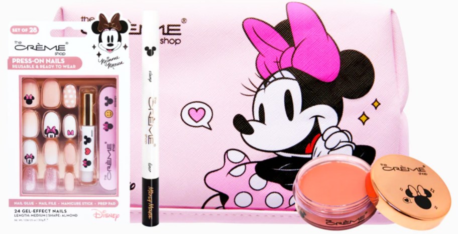 minnie mouse makeup bag with cream blush, freckle pen, and press-on nails set