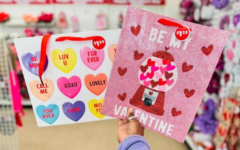 a womans hand holding two valentines gift bags 