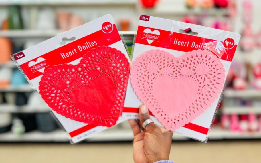 two pack of red and pink paper heart shaped doilies