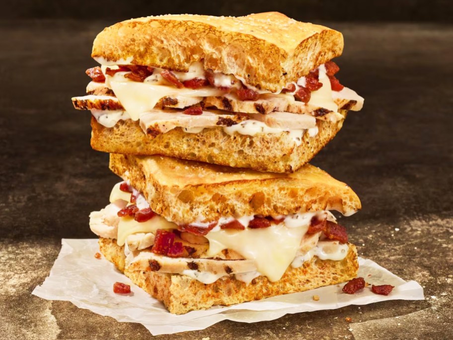 stacked halves of chicken bacon ranch sandwich