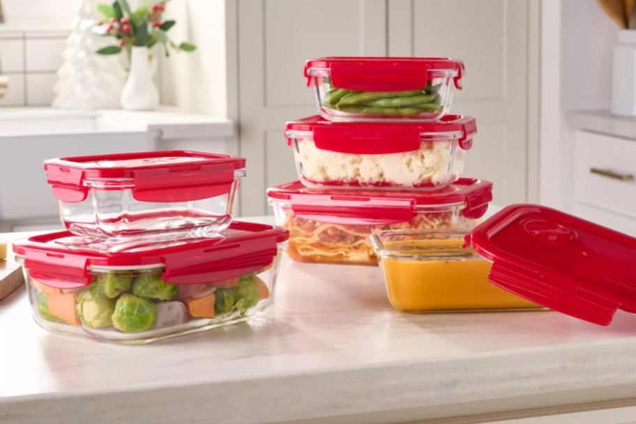 red glass food storage containers stacked