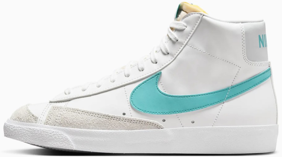 white high top sneaker with bright blue nike logo