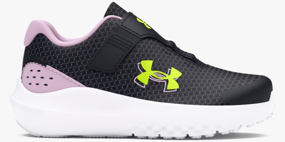 black, purple, and yellow under armour running shoe