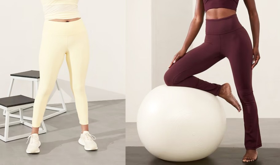 women in light yellow leggings and burgundy flare pants