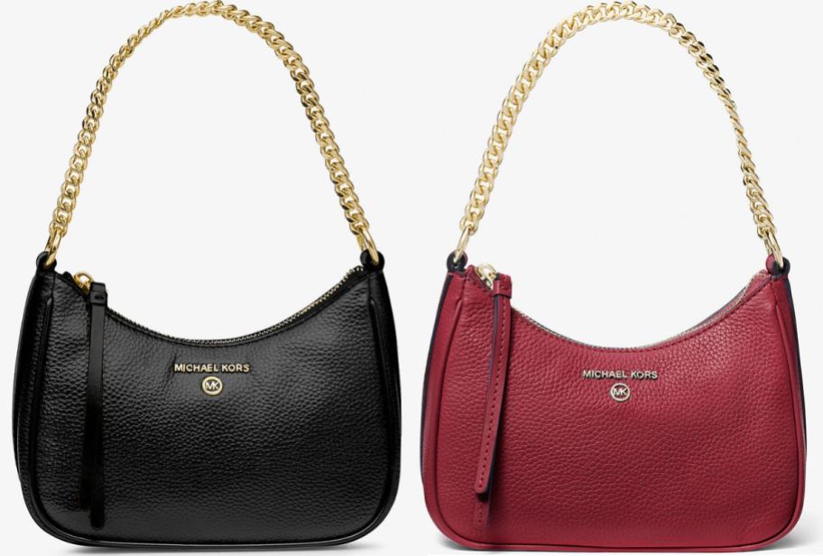 two small leather handbags with chain straps