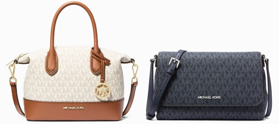 white/brown satchel and navy blue crossbody bag