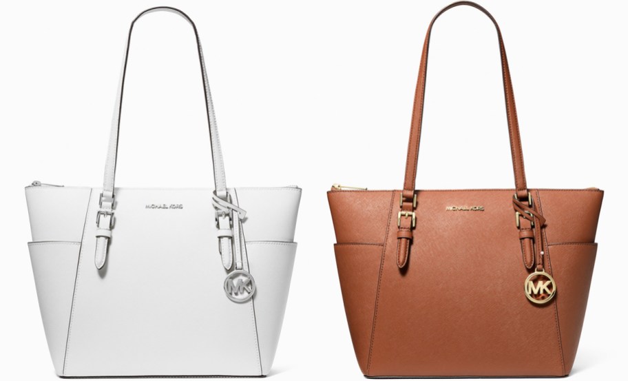 white and brown Michael Kors tote bags