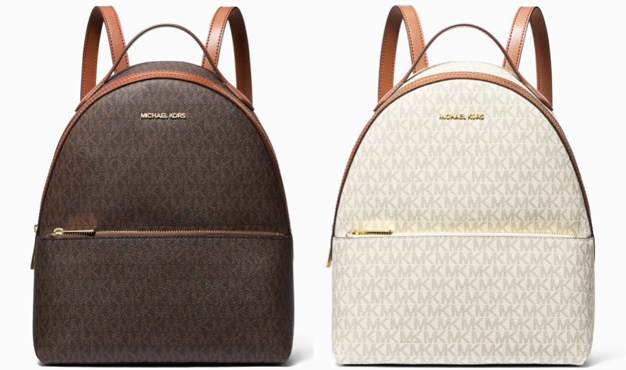 brown and white Michael Kors logo print backpacks