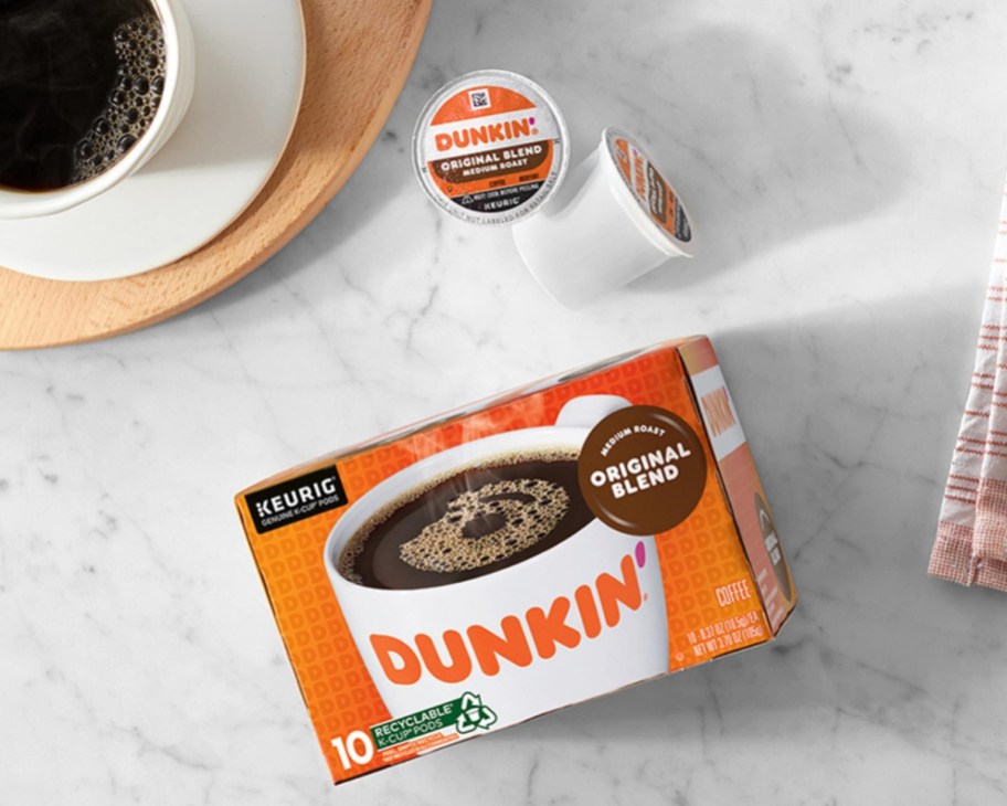 dunkin coffee pods next to box