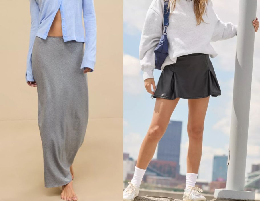 two models wearing aerie clearance skirts