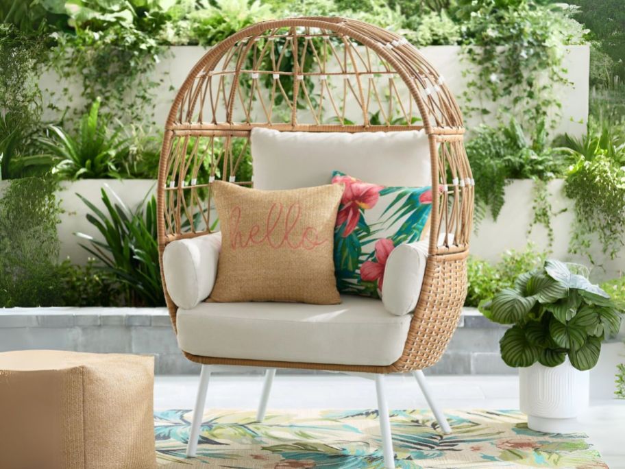 Better Homes & Gardens Lilah Boho Outdoor Stationary Wicker Egg Chair on patio