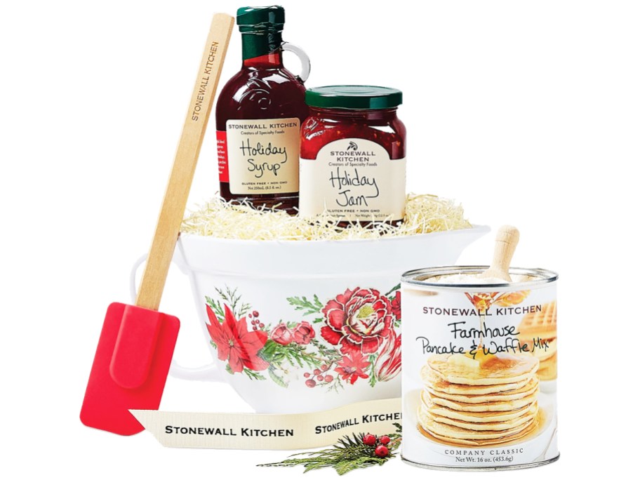 jam, syrup, pancake mix, spatula, and holiday batter bowl