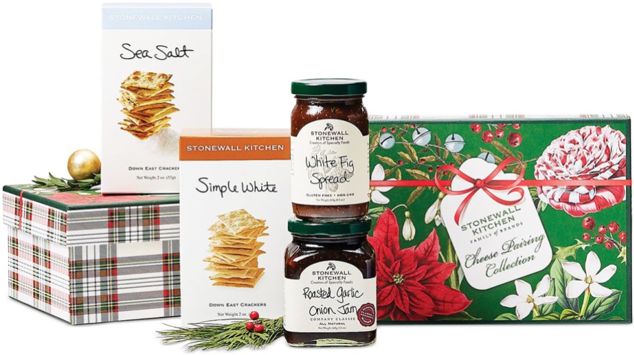 two boxes of crackers, two jars of jam, and holiday gift box