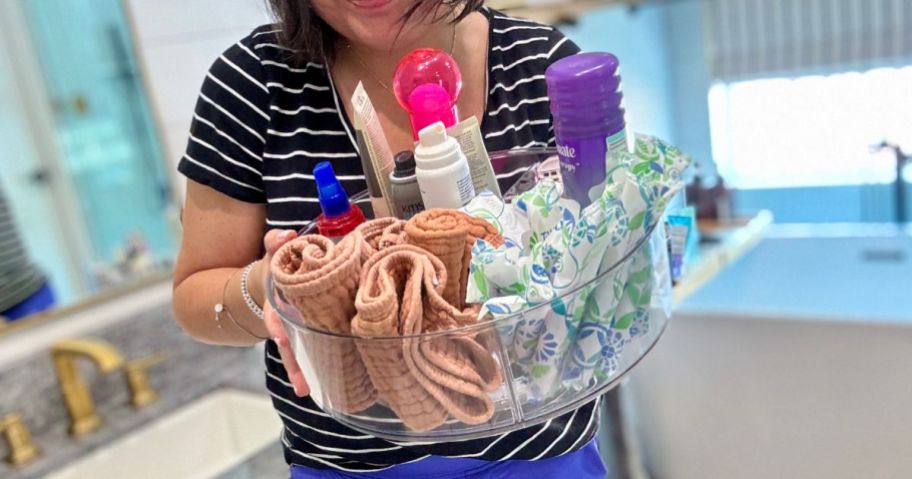 woman holding turntable organizer