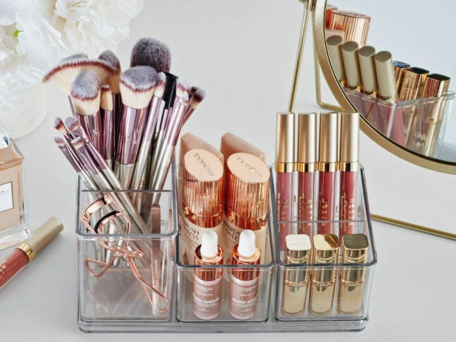 The Home Edit Office Edit 4-Piece Set filled with Charlotte Tillbury cosmetics