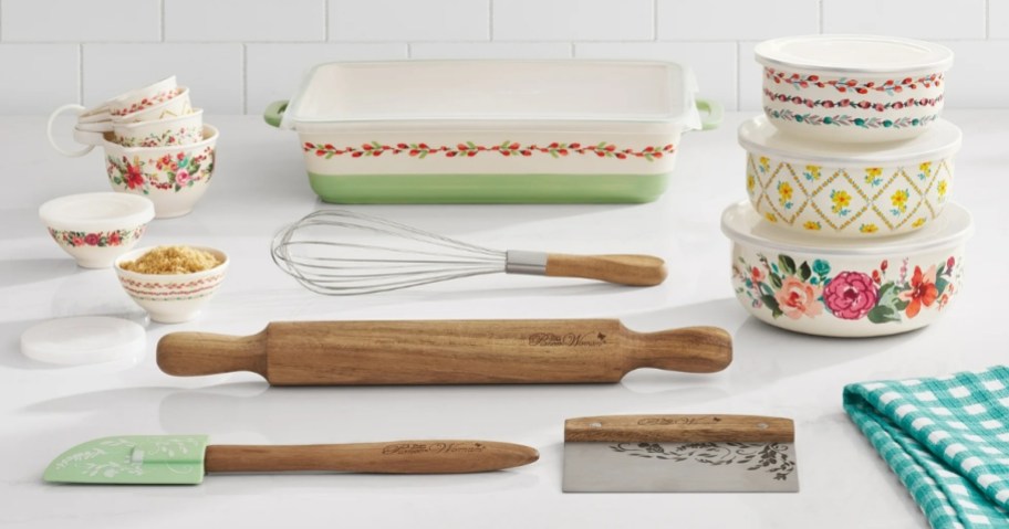 Pioneer Woman 20-Piece Bake Set on kitchen counter