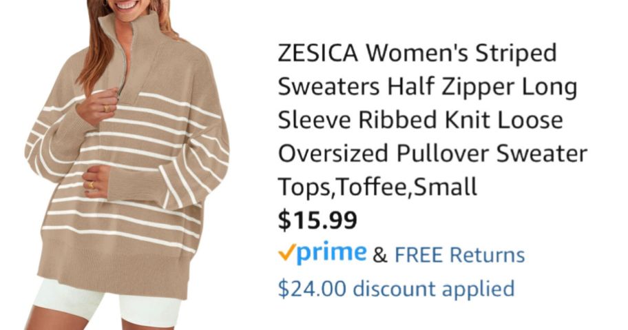 woman wearing striped half-zip next to Amazon pricing information