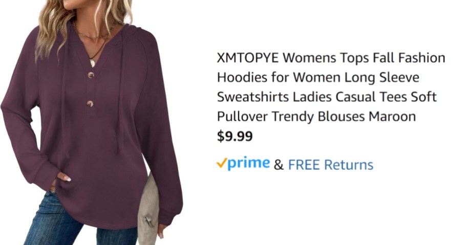 image of a woman in a purple button down hoodie and jeans next to a written description of the shirt name and price