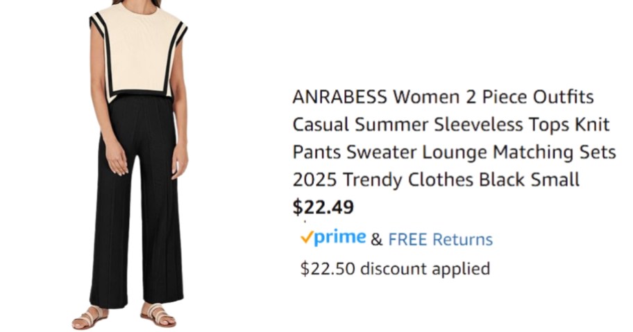 image of woman in a cream and black top and black pants next to a written description of the product name and price