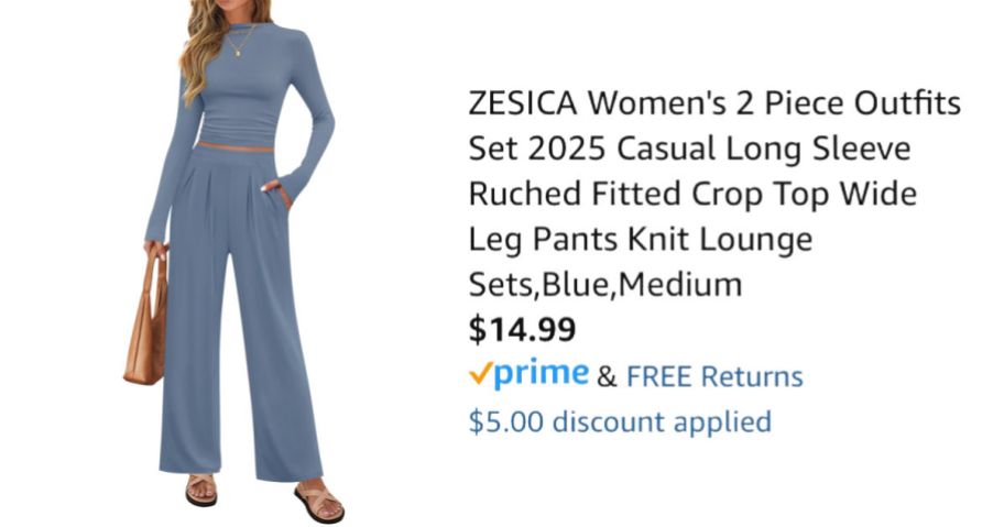 woman wearing blue outfit next to Amazon pricing information