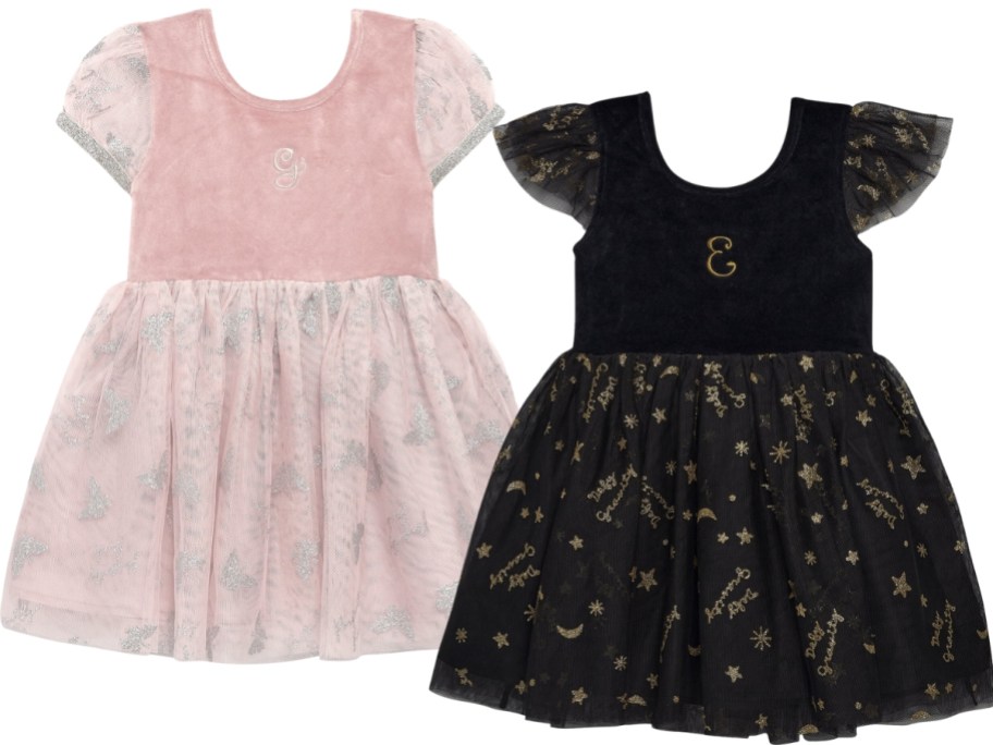 toddler girls tutu dresses that are Wicked the Movie/Musical themed tutu dresses, one is pink and silver and one is black and gold