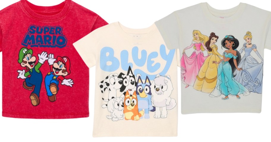 toddler character t-shirts, red shirt with Mario & Luigi, cream shirt with Bluey & friends, and grey shirt with Disney Princesses