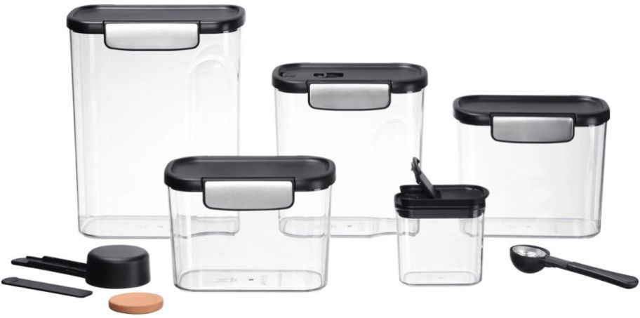 5 clear food storage containers in various sizes shown with scoops and accessories