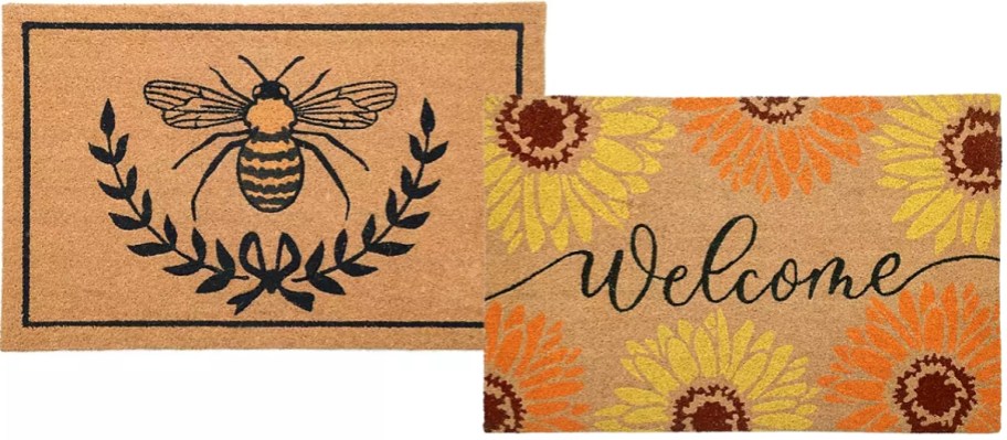 two coir doormats, one with a honey bee, and one with sunflowers and "Welcome?