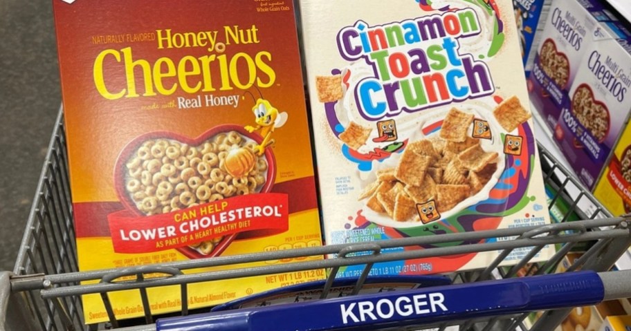 cereal in shopping cart at kroger