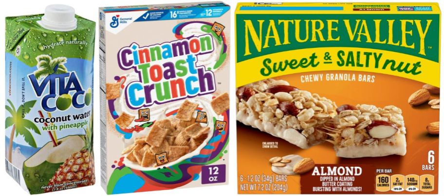 cinnamon toast crunch naturevalley granola bars and vita coco coconut water stock images