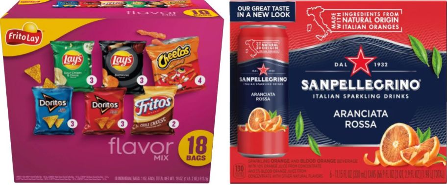 frito lay chips variety pack 18 count and a san pelligrino 12 pack stock images