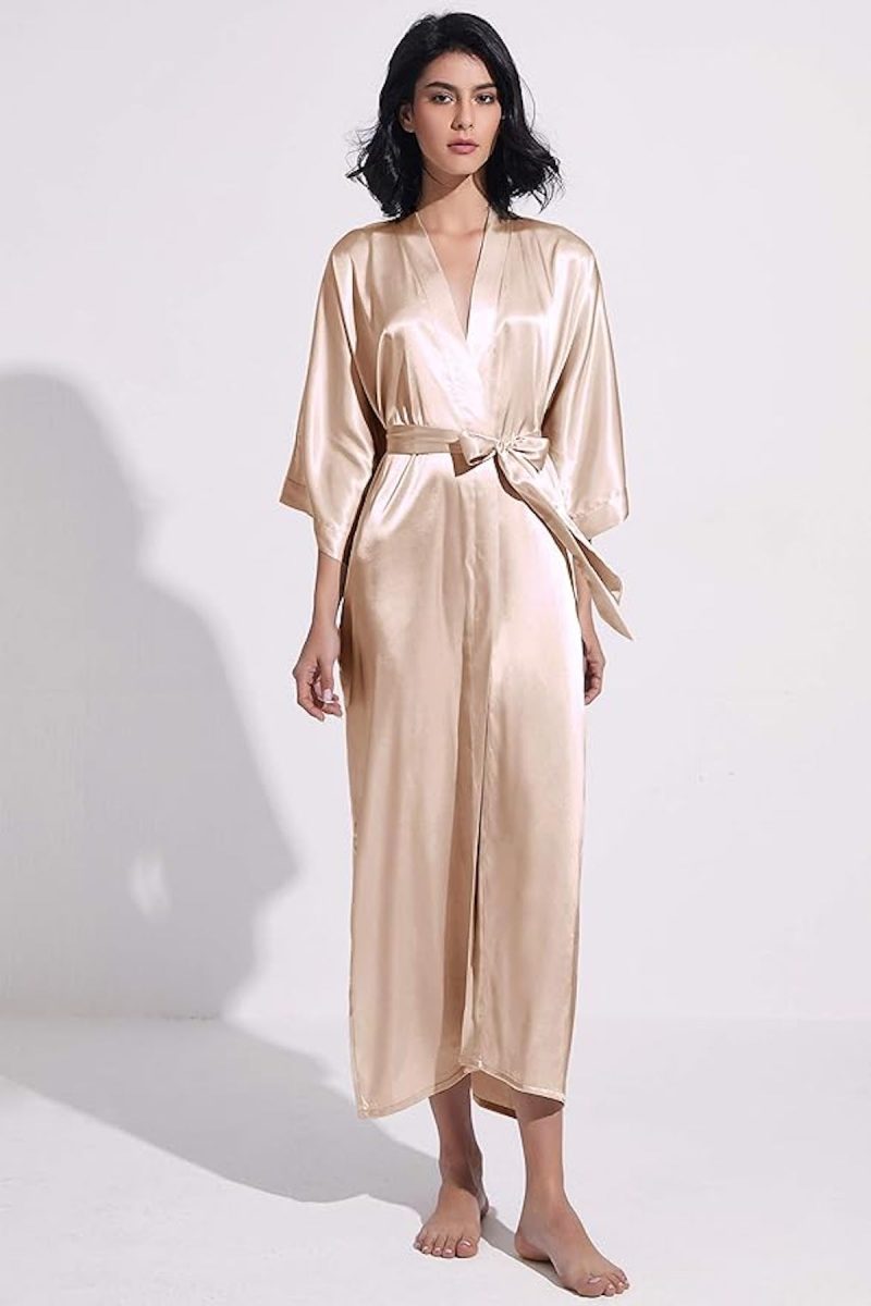 woman wearing champagne colored silk robe