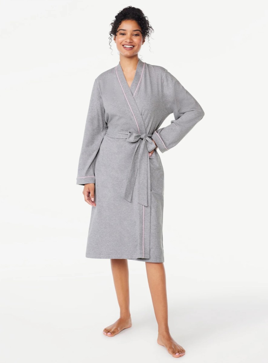 stock photo of woman wearing gray cotton robe