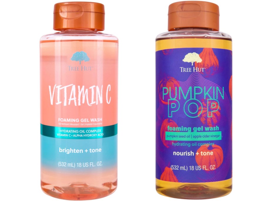 bottles of Tree Hut vitamin c and pumpkin pop body washes