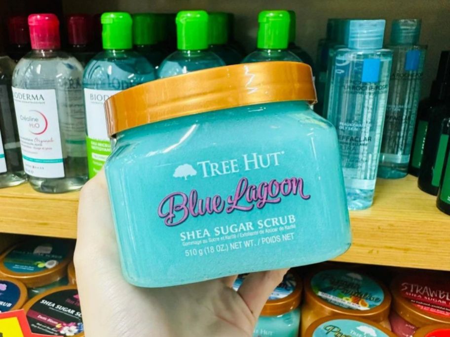 Tree Hut Blue Lagoon Shea Sugar Body Scrub in hand in store