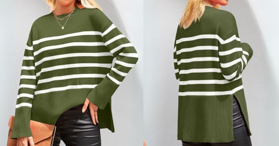 woman wearing ZESICA Women's Striped Crew Neck Side Slit Sweater