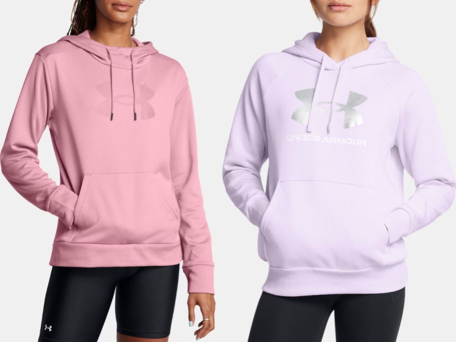 Stock images of two women wearing Under Armour Fleece hoodies