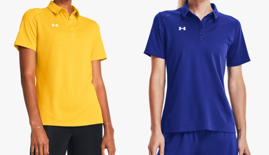 women in yellow and blue polo shirts