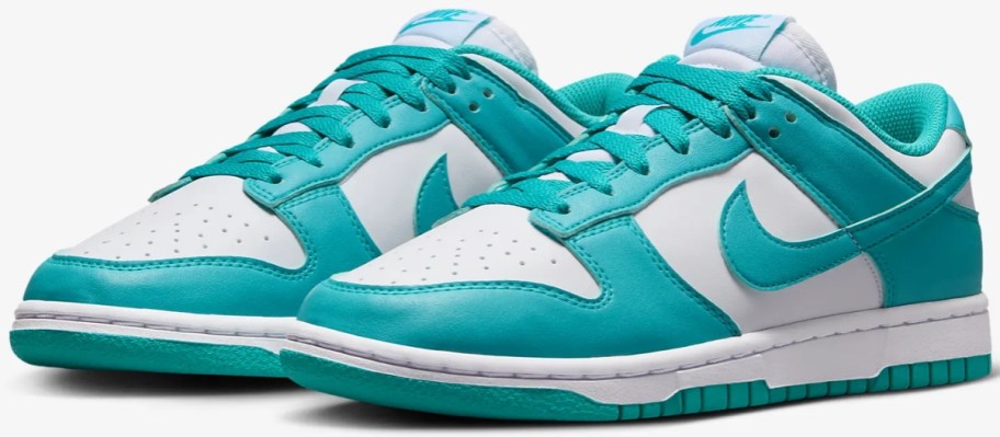 a pair of women's Nike Dunk style shoes in white and teal blue