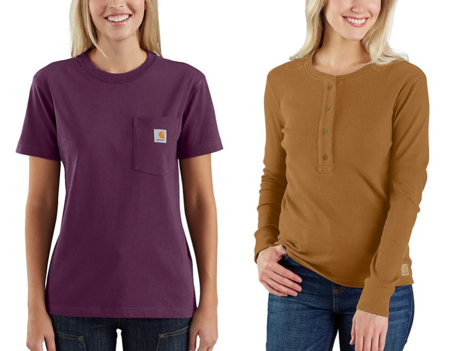 two women wearing purple and brown shirts 