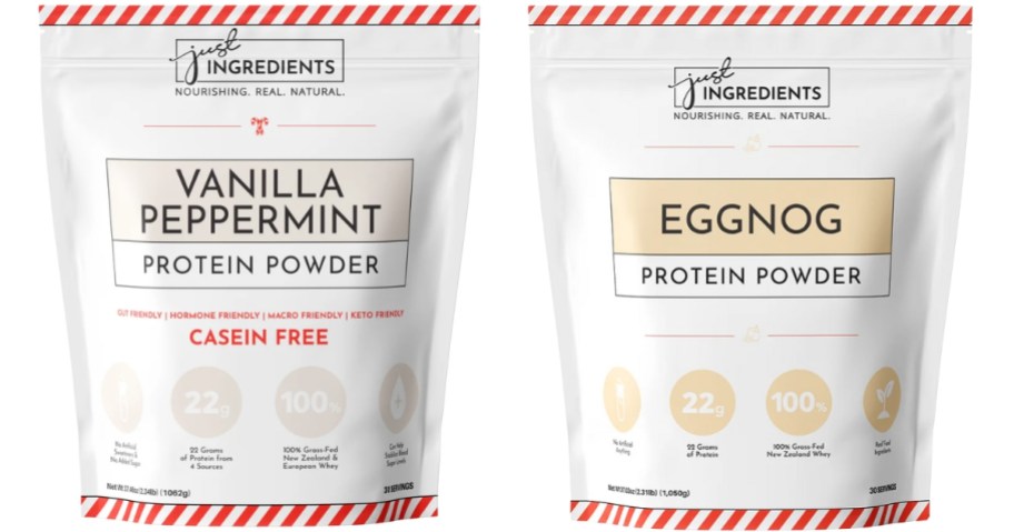 a bag of Just Ingredients Protein Powder in Vanilla Peppermint and a bag in Eggnog