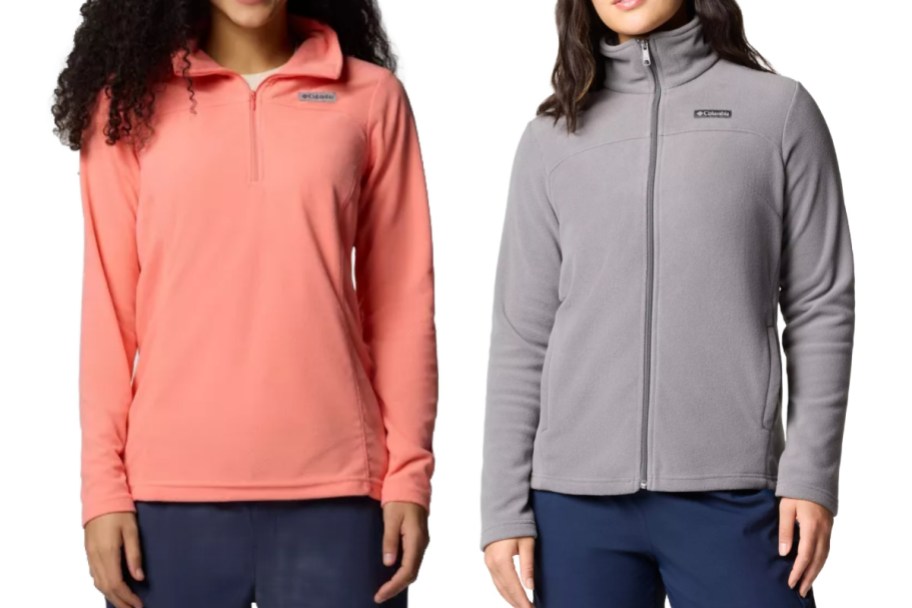 women in peach and grey fleece jackets