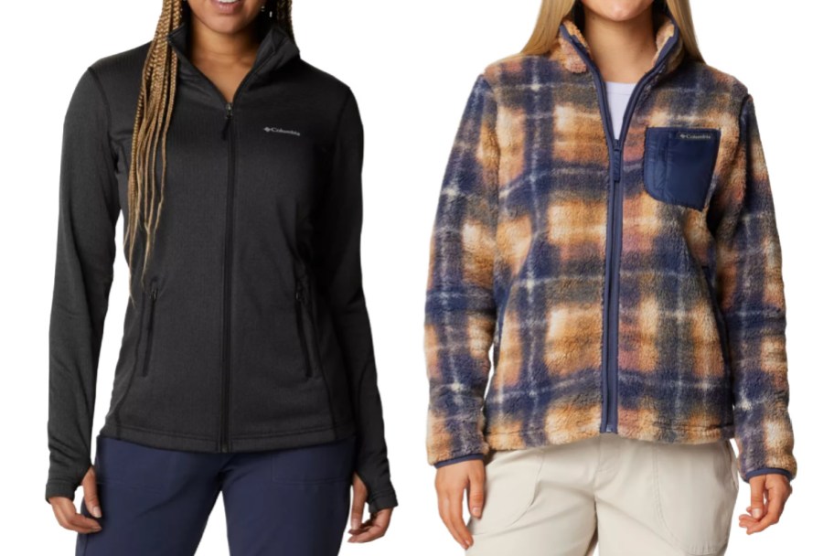 woman in black and plaid fleece jackets