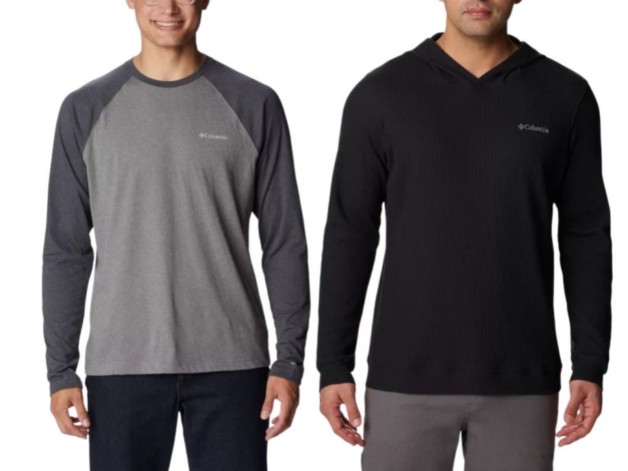 2 men wearing Columbia Long-Sleeved Shirt & Hoodie