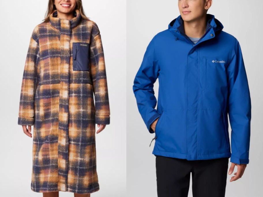 woman wearing a long brown and blue plaid Columbia coat and man wearing a blue Columbia coat