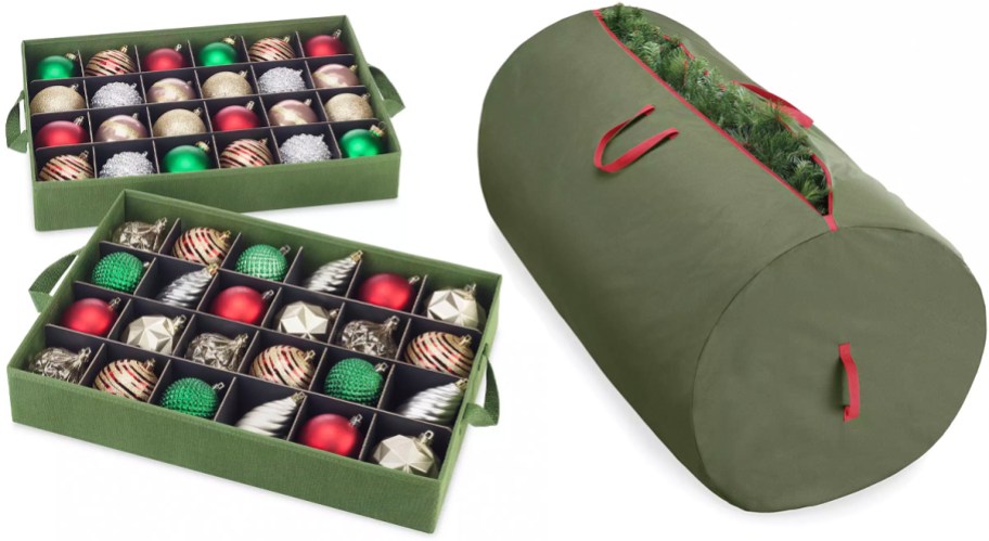 christmas ornament and tree storage boxes and bag